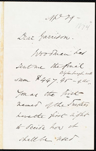 Letter from Wendell Phillips, to William Lloyd Garrison, Ap[ri]l 29 - [1874]