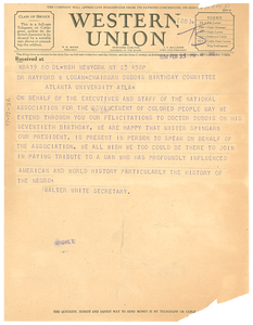 Telegram from the National Association for the Advancement of Colored People to Rayford W. Logan