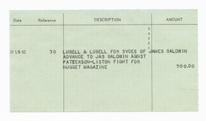 Check receipt for advanced payment to James Baldwin from Nugget Magazine