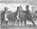 Man with broken chains in the middle of two men wearing hats