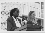 Dr. Blenda Wilson and sign language interpreter at the groundbreaking ceremony for the addition to the School of Engineering, 1992