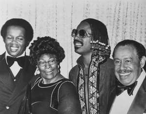 Ella Fitzgerald, Cab Calloway, Stevie Wonder, and Lou Rawls black-and-white photoprint.