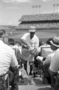 A concessioner selling Grain Belt beers during the 1965 MLB All-Star Game played at Metropolitan Stadium on July 13th, 1965.