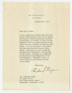 Thumbnail for Letter to Charley Pride from Richard Nixon