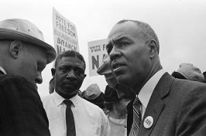 Roy Wilkins on the last day of the Selma to Montgomery March, possible at the City of St. Jude campsite in Montgomery, Alabama.