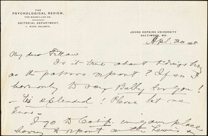 Thumbnail for Baldwin, James Mark, 1861-1934 autograph letter signed to Hugo Münsterberg, Baltimore, 20 April 1905