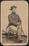 [Private Hiram N. Thurston of Co. F, 1st Iowa Cavalry Regiment in uniform Iowa insignia on hat and sword and holstered revolver]