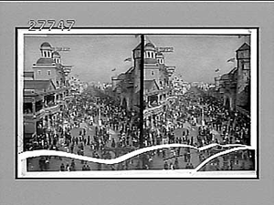 The "Pike," east from the "Galveston Flood" exhibit--a street of mystery and amusement. [Active no. 5852 : stereo interpositive]