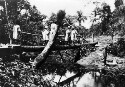 A Monkey Bridge. So called because only a monkey could cross it with safety. We managed a number in Liberia, however, and crossed this one the first time at night by lantern light. The children shown are mission school girls and the woman washing is a typical village native of the Gola? tribe