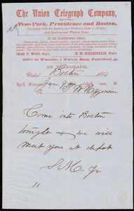 Telegram from Samuel May, Jr., Boston [Mass.], to Thomas Wentworth Higginson, Jun 9, 1854