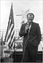 Alabama Grand Dragon James Spears speaking at a Ku Klux Klan rally in Montgomery, Alabama, from the back of a pickup truck.