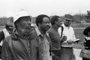 Dick Gregory during the 20th anniversary reenactment of the Selma to Montgomery March, probably in rural Dallas or Lowndes County, Alabama.