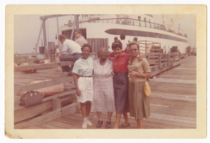 Digital image of Taylor family members by a ferry boat on Martha's Vineyard