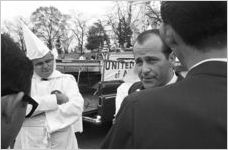 Alabama Grand Dragon James Spears at a Ku Klux Klan rally in Montgomery, Alabama, being interviewed.