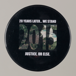 Pinback button stating "20 Years Later...We Stand", from MMM 20th Anniversary