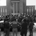 Demonstrators gathering in front of the Mobile County Courthouse in Mobile, Alabama, to protest police brutality and the all-white county personnel board.