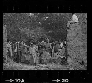 View of speakers, most likely Black community leaders or activists, during Black student rally in Franklin Park