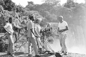 Eliot Elisofon and cameraman Georges Bracher filming waterfall in southeastern Kasai. Near Gungu, Congo (Democratic Republic)