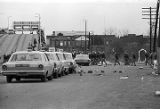 Law enforcement officers pushing civil rights marchers back across the Edmund Pettus Bridge on Bloody Sunday in Selma, Alabama.