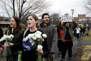 Justice for Jason rally at UMass Amherst: protesters marching from the Student Union Building in support of Jason Vassell