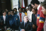 Civil rights leaders meeting with Governor George Wallace in his office at the Capitol in Montgomery, Alabama, after the 20th anniversary reenactment of the Selma to Montgomery March.