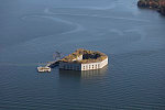 An October 2017 aerial view of historic Fort Gorges, a former United States military fort built from 1858 to 1864 on Hog Island Ledge in Casco Bay, Maine, off Portland