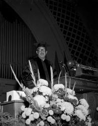 Supreme Court Justice Thurgood Marshall at lectern for UM Commencement in Hill Auditorium, January 1965