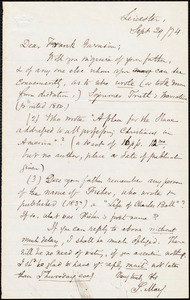 Letter from Samuel May, Jr., Leicester, [Mass.], to Francis Jackson Garrison, Sept[ember] 19 / [18]74