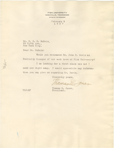 Letter from Fisk University to W. E. B. Du Bois