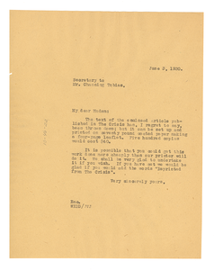 Letter from W. E. B. Du Bois to Channing Tobias