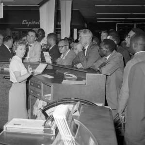 Freedom Riders at the ticket counter at the airport in Birmingham, Alabama, preparing to leave for New Orleans.