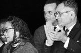 Coretta Scott King, Harry Belafonte, and Ralph Bunche at the "Stars for Freedom" rally at the City of St. Jude in Montgomery, Alabama, the night before the end of the Selma to Montgomery March.