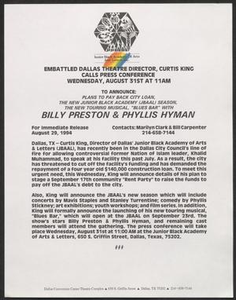 Press release: Embattled Dallas theatre director, Curtis King calls press conference Wednesday, August 31 at 1 am