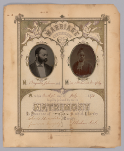 Marriage certificate with tintypes of Augustus L. Johnson and Malinda Murphy