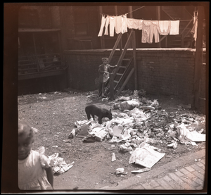 Two children, dog, and rubbish in back yard, photonegative