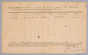 Manifest for the ship Fashion listing an enslaved girl, Sally, age 14