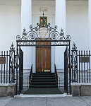 Ornate entrance to Hibernian Hall in Charleston, South Carolina. Built in 1840, the Greek Revival-style meeting hall is Charleston's only architectural work by Thomas Ustick Walter. It is nationally significant for its use during the 1860 Charleston Convention, in which the Democratic Party, divided by opinions on slavery, failed to select a presidential nominee, ensuring victory for the anti-slavery Republican Party in the 1860 presidential election