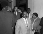 Arthur Shores and Thurgood Marshall after a hearing for Autherine Lucy at the federal courthouse in Birmingham, Alabama.