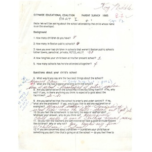 Citywide Educational Coalition parent survey 1985 - King Middle School.