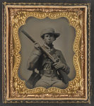 [Private John P. Alldredge of Co. A, 48th Alabama Infantry Regiment in uniform and wishbone belt buckle with Model 1842 rifle musket, revolver, and side knife]