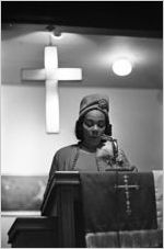 Coretta Scott King speaking to an audience of women at Hall Street Baptist Church in Montgomery, Alabama.