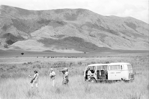 Eliot Elisofon, cameraman George Bracher and Maya Bracher filming wildlife. Virunga National Park, Congo (Democratic Republic)