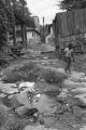 Boy walking on a pathway between houses.