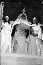 Thumbnail for St. Peter in a scene from the morality play "Heaven Bound," staged by the Big Bethel African Methodist Choir, at the Atlanta Theatre (23 Exchange Place), Atlanta, Georgia, August 1937