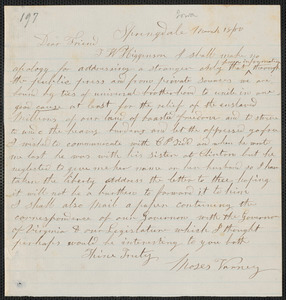 Moses Varney autograph letter signed to [Thomas Wentworth Higginson, Springdale Iowa], 18 March [18]60