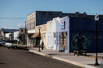 Row with many music-related businesses in Clarksdale, a prominent home to old-time blues music in the Mississippi (River) Delta region in Northwest Mississippi