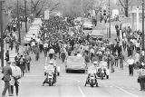 Civil rights marchers on South Jackson Street beside St. Margaret's Hospital in Montgomery, Alabama, headed to the Montgomery County courthouse.