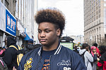 Mohawk hairdo, Charter School student, Broad St. at Market St., Newark, 2018. E'Haad a charter school student. A middle aged black man warned me: "You know these are all young kids, you shouldn't be photographing them"