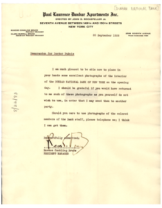 Memorandum from Dunbar National Bank to W. E. B. Du Bois