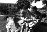 Marquette students study outside Lalumiere Language Hall, circa 1980